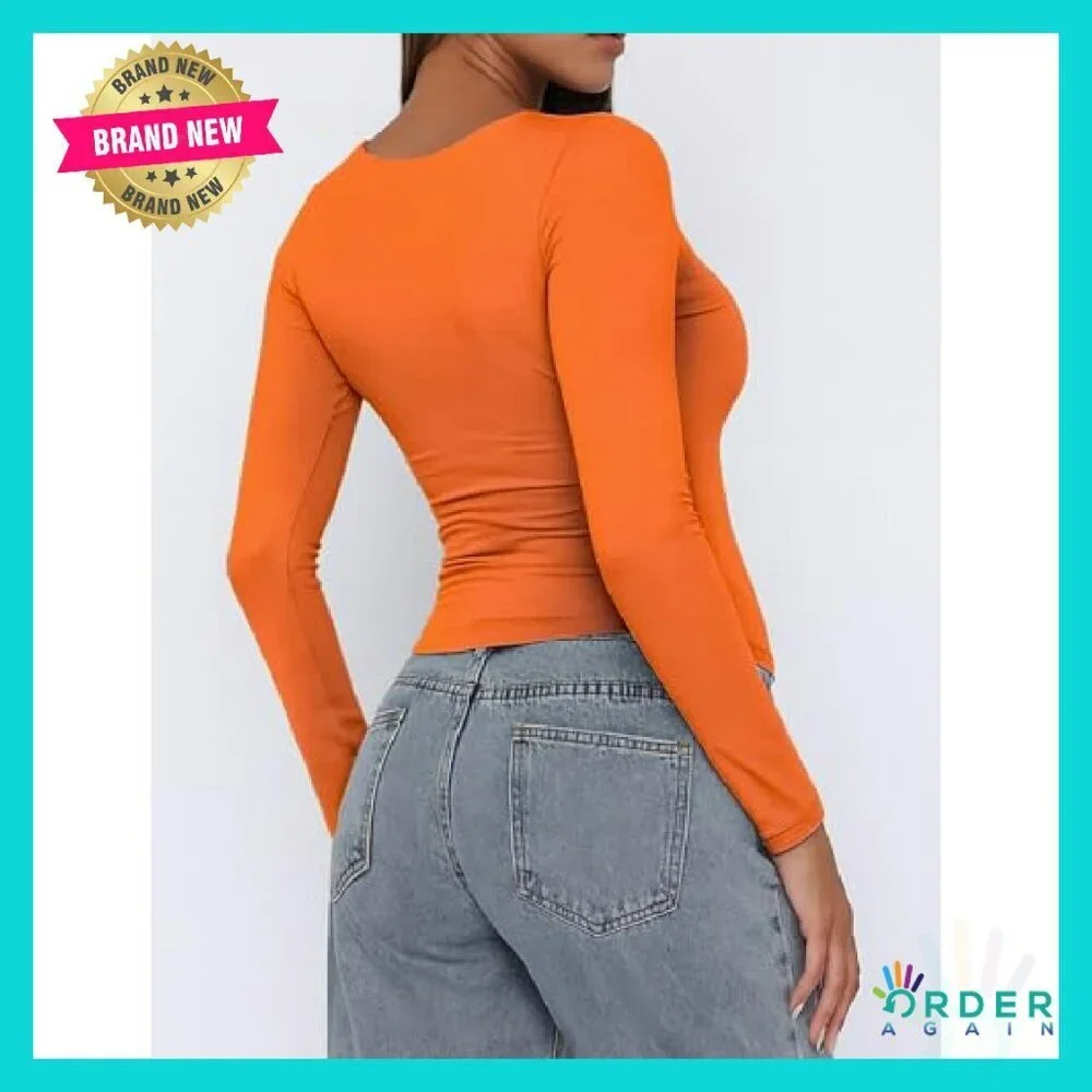 Y2K Slim Fit V Neck Crop Top Long Sleeve Double Lined Basic Tee
